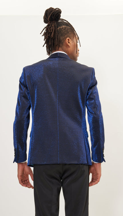 Metallic Sparkle Shawl Lapel Tuxedo Jacket - Electric Blue - Ron Tomson