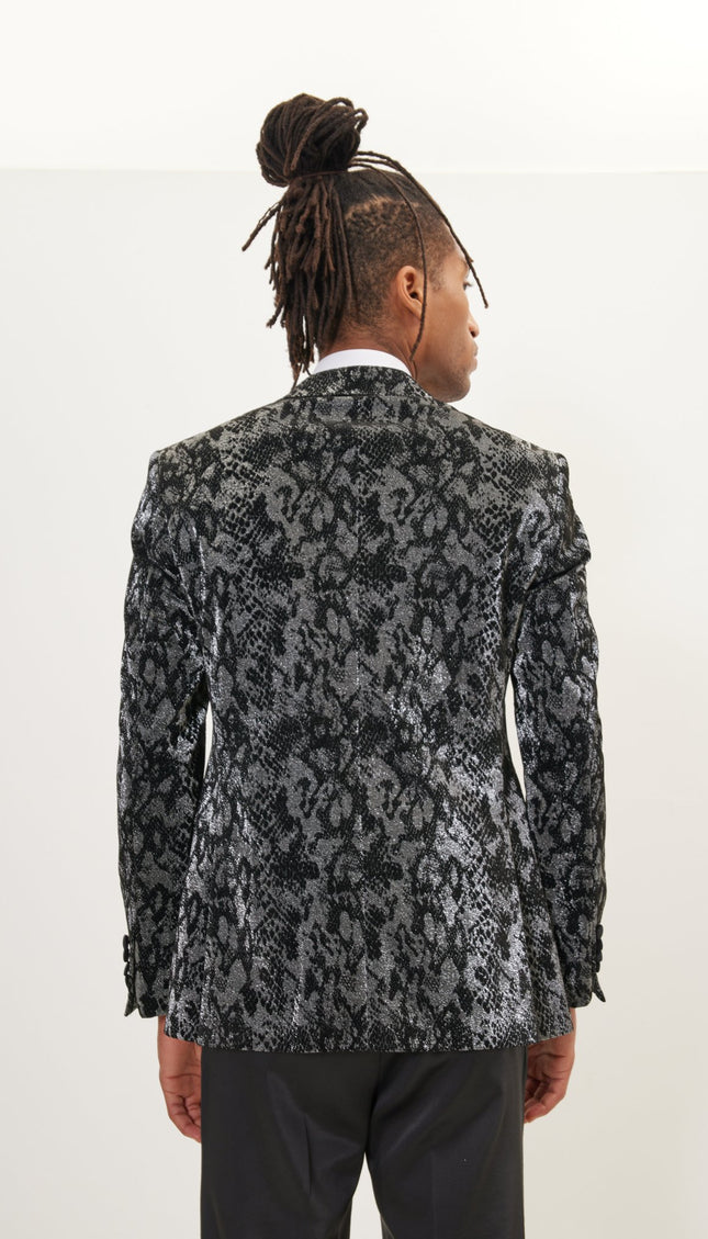 Metallic Velvet Flocking Tuxedo Jacket- Silver - Ron Tomson