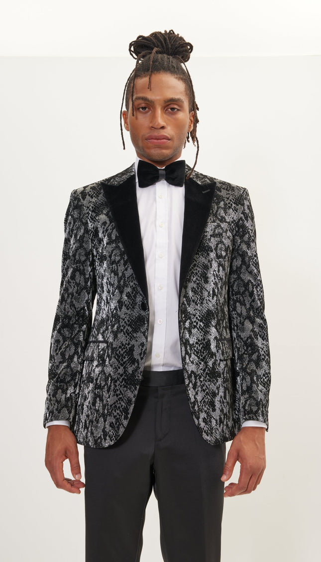 Metallic Velvet Flocking Tuxedo Jacket- Silver - Ron Tomson
