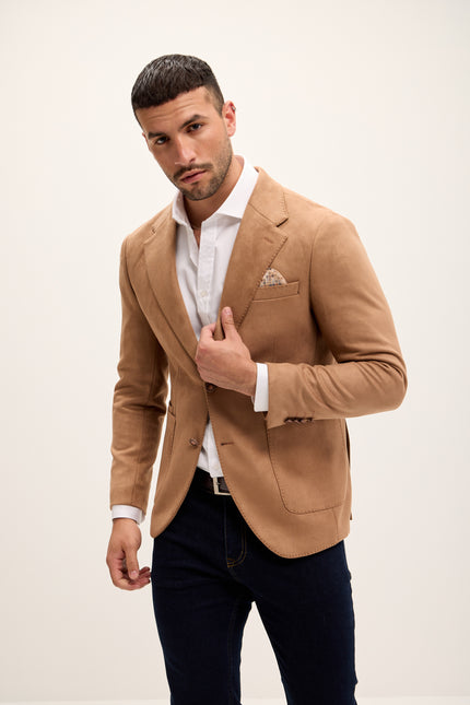 Microfiber Lightweight Notch Lapel Blazer - Beige - Ron Tomson