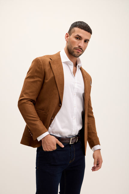 Microfiber Lightweight Notch Lapel Blazer - Camel - Ron Tomson