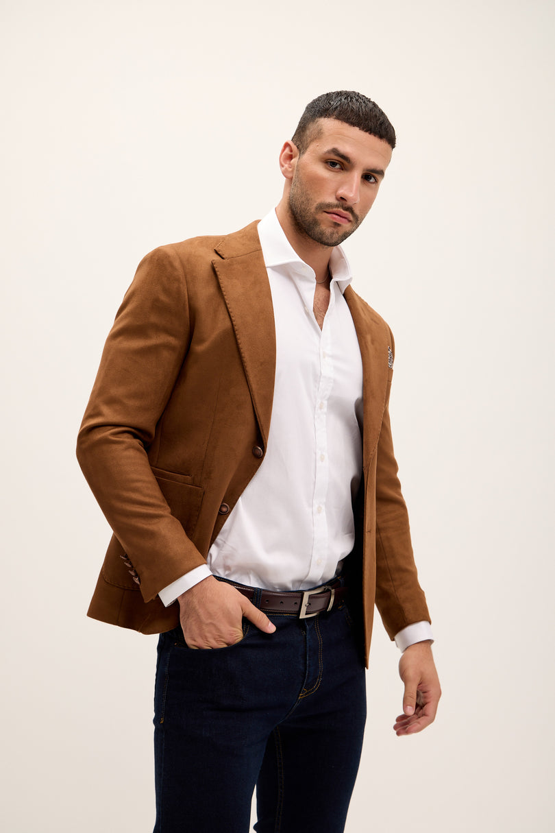 Microfiber Lightweight Notch Lapel Blazer - Camel - Ron Tomson