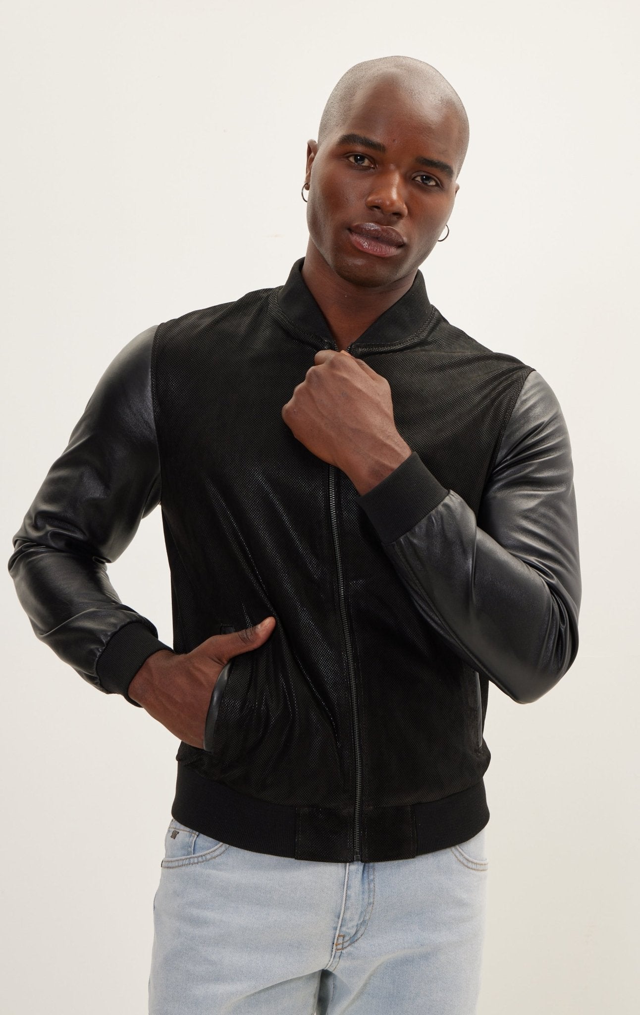 Mix Media Leather Classic Zip-Up Jacket - Black