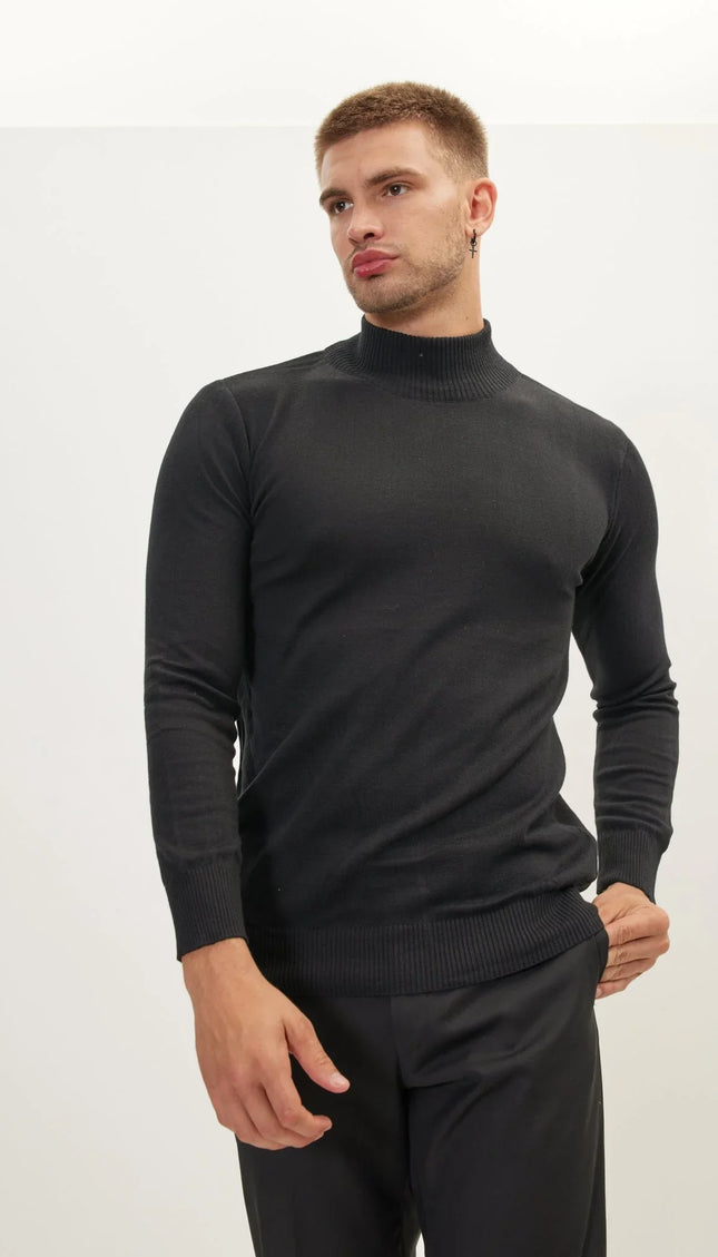 Mock Neck Relaxed Sweater - Black - Ron Tomson