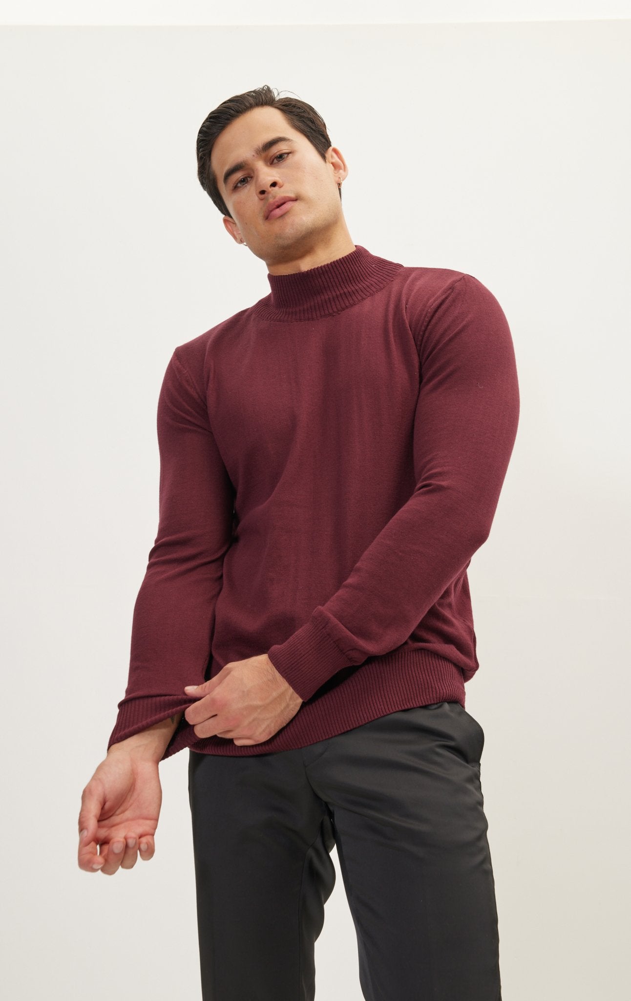 Mock Neck Relaxed Sweater - Bordeaux - Ron Tomson