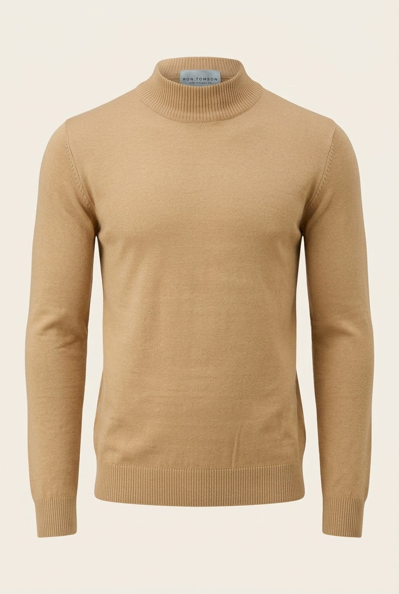 Mock Neck Relaxed Sweater - Camel - Front
