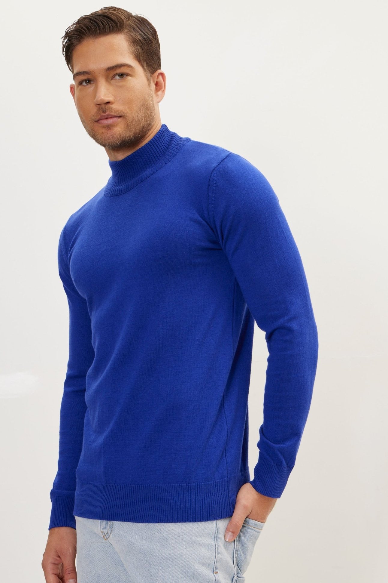 Mock Neck Relaxed Sweater- Electric Blue - Ron Tomson