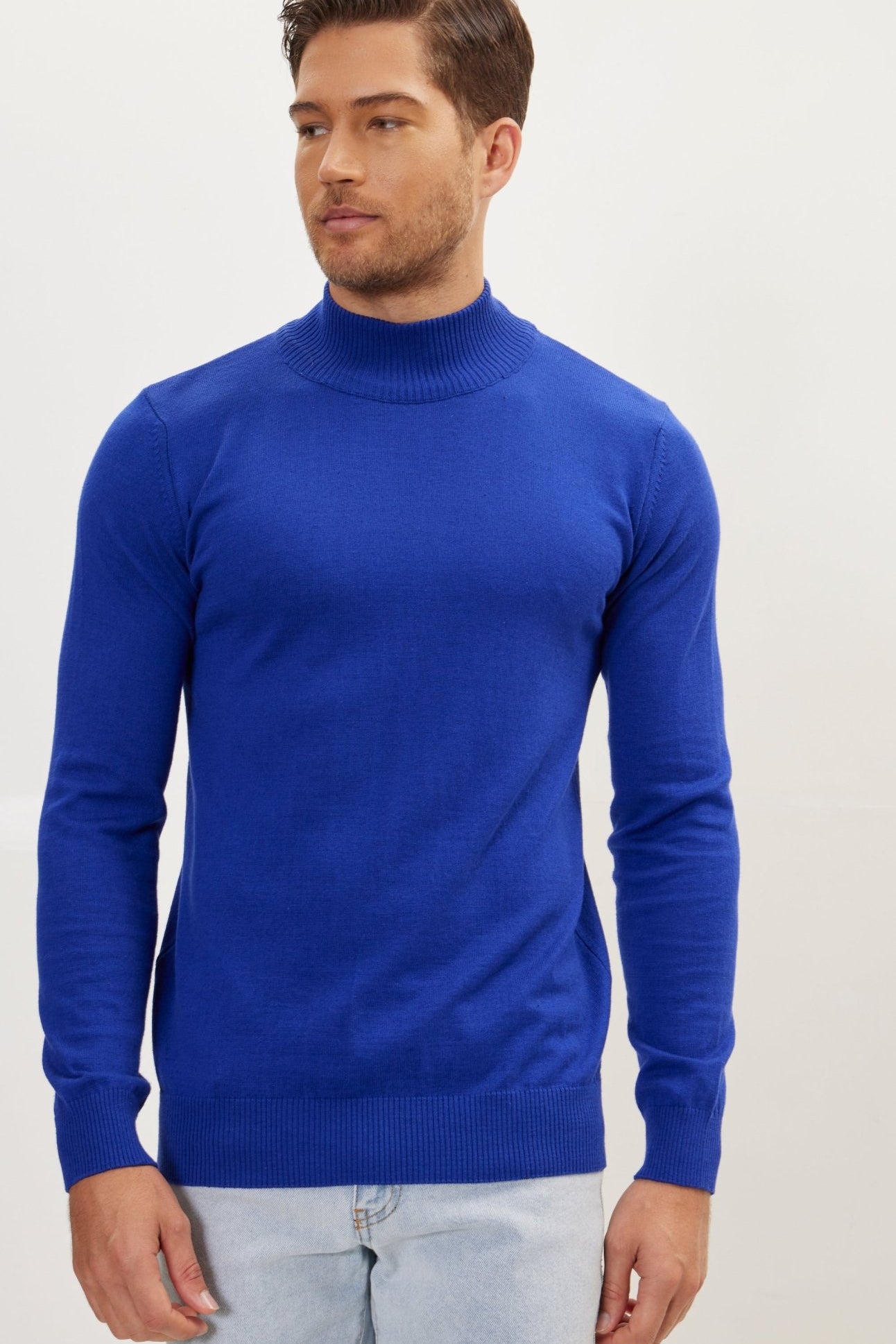 Mock Neck Relaxed Sweater- Electric Blue - Ron Tomson