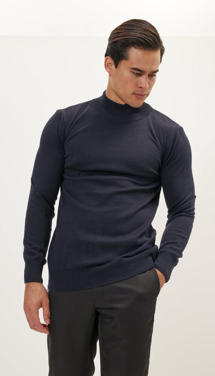 Mock Neck Relaxed Sweater- Navy - Ron Tomson