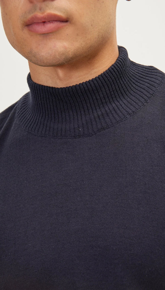 Mock Neck Relaxed Sweater- Navy - Ron Tomson