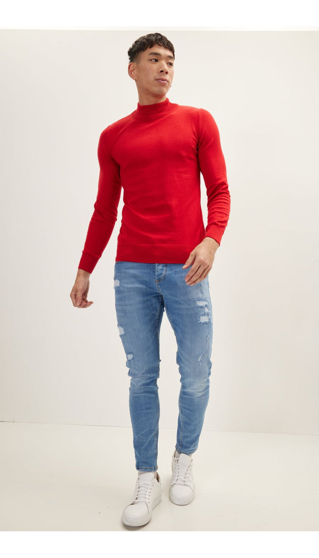 Mock Neck Relaxed Sweater- Red - Ron Tomson