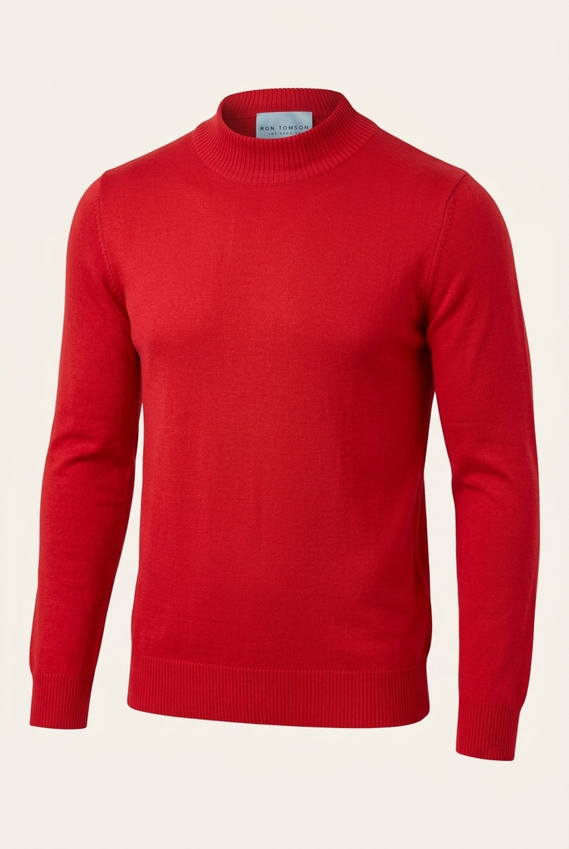 Mock Neck Relaxed Sweater- Red - Front