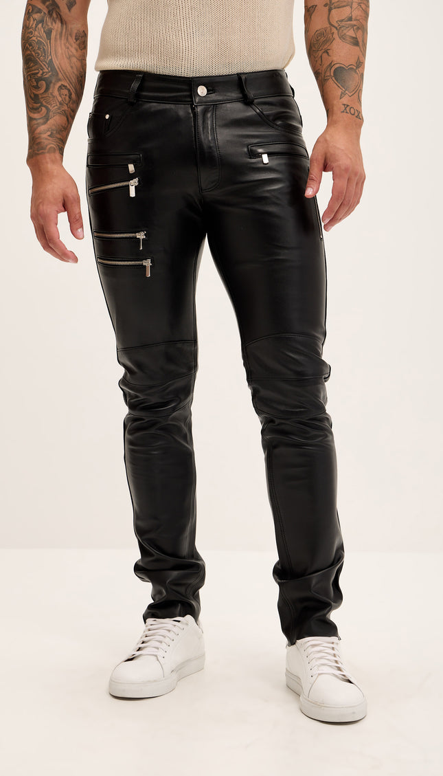 Multi - Zipper Genuine Lambskin Leather Pants - Black - Ron Tomson