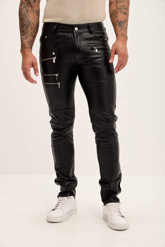 Men's Multi-Zipper Genuine Lambskin Leather Pants - Black - Ron Tomson Los Angeles