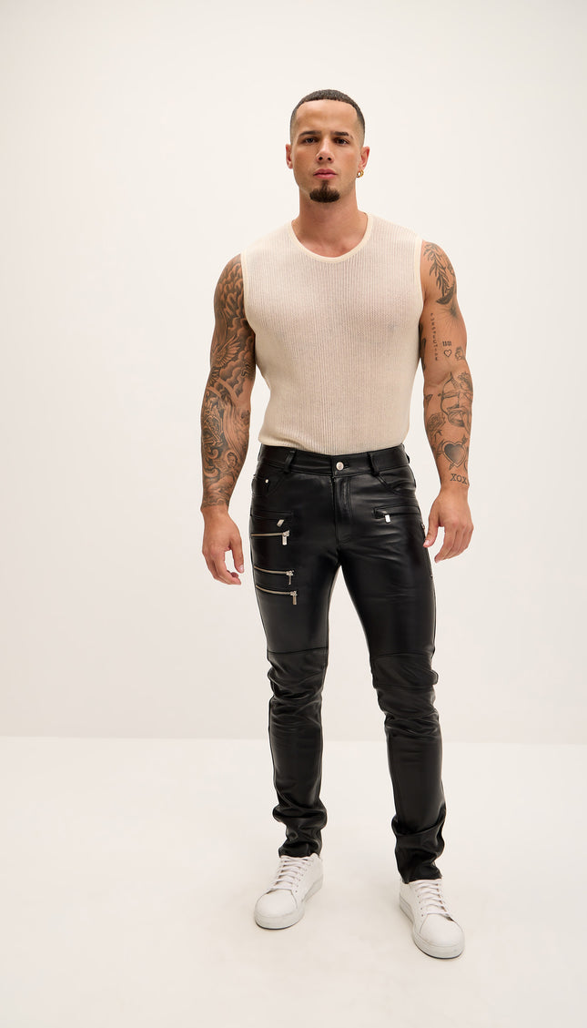 Multi - Zipper Genuine Lambskin Leather Pants - Black - Ron Tomson