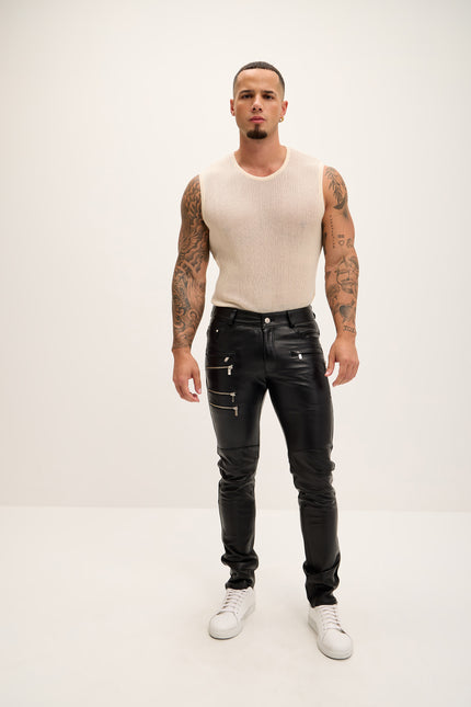 Men's Multi-Zipper Genuine Lambskin Leather Pants - Black - Ron Tomson Los Angeles