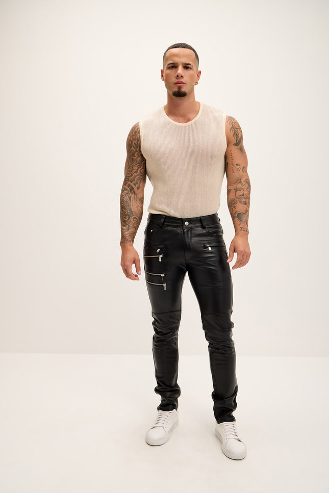 Men's Multi-Zipper Genuine Lambskin Leather Pants - Black - Ron Tomson Los Angeles