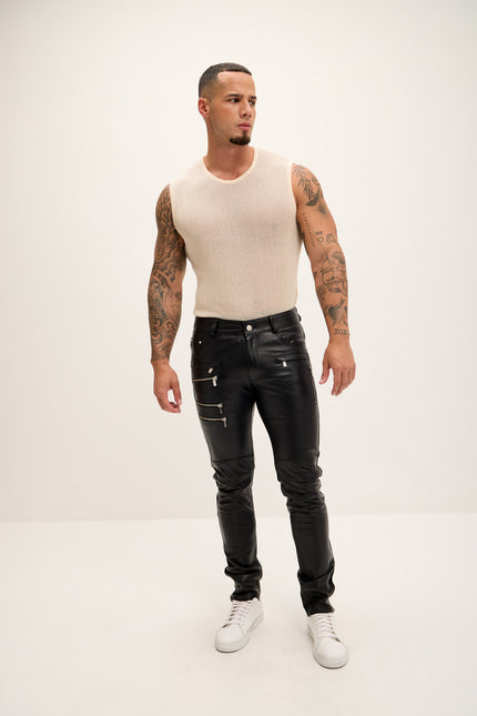 Men's Multi-Zipper Genuine Lambskin Leather Pants - Black - Ron Tomson Los Angeles