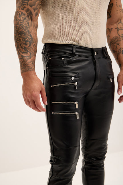 Men's Multi-Zipper Genuine Lambskin Leather Pants - Black - Ron Tomson Los Angeles