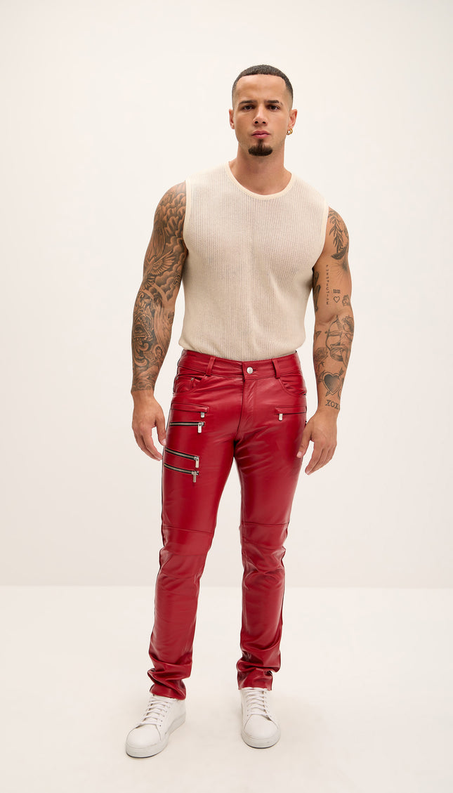 Multi - zipper Genuine Lambskin Leather Pants - Red - Ron Tomson