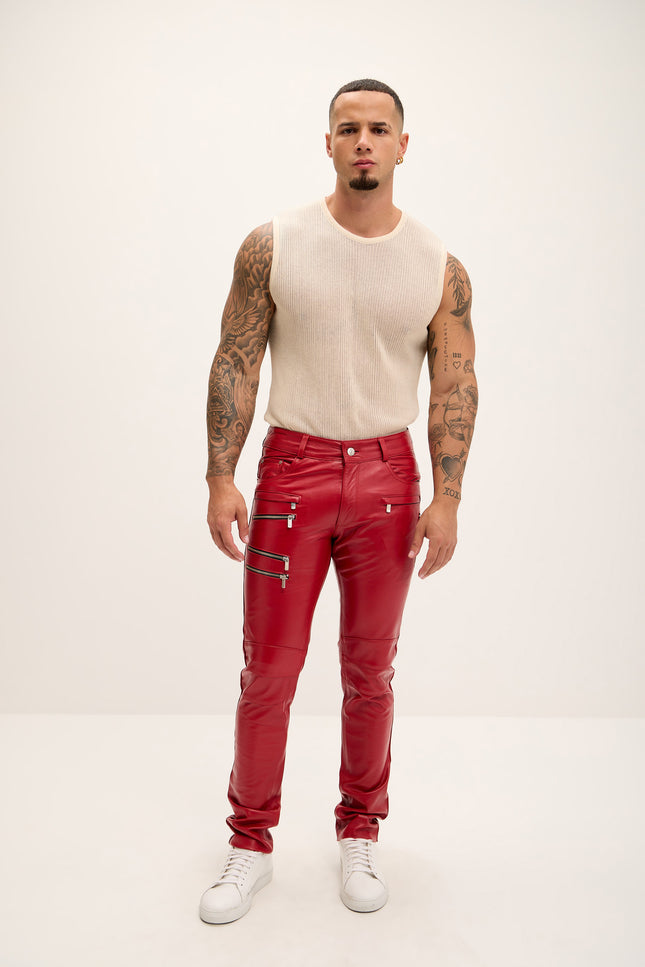 Men's Multi-Zipper Genuine Lambskin Leather Pants - Red - Ron Tomson Los Angeles