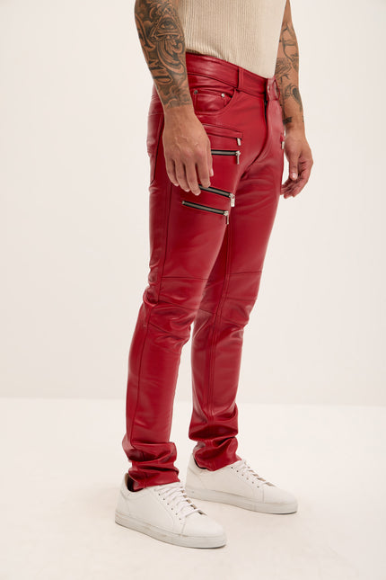 Men's Multi-Zipper Genuine Lambskin Leather Pants - Red - Ron Tomson Los Angeles