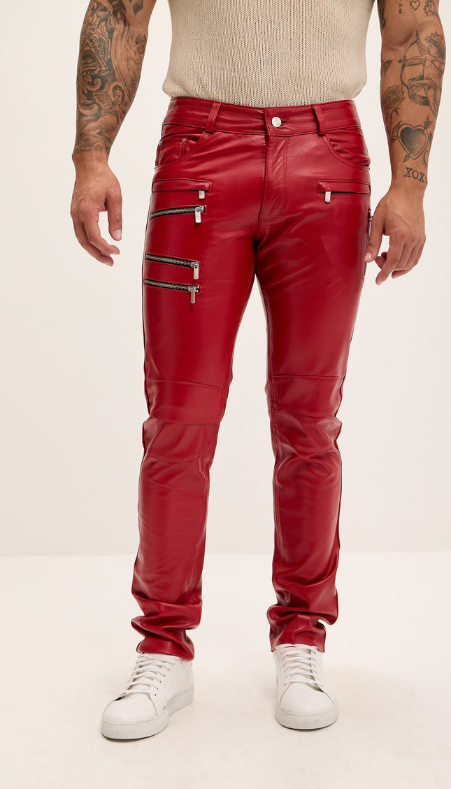 Multi - zipper Genuine Lambskin Leather Pants - Red - Ron Tomson