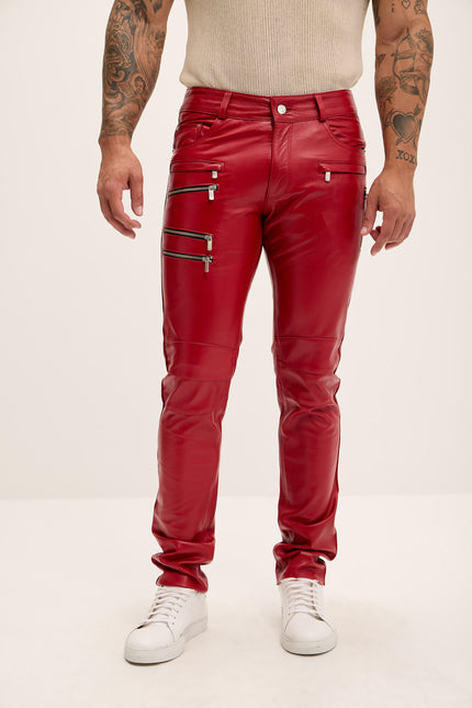 Men's Multi-Zipper Genuine Lambskin Leather Pants - Red - Ron Tomson Los Angeles
