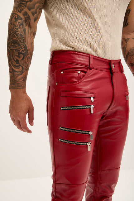 Men's Multi-Zipper Genuine Lambskin Leather Pants - Red - Ron Tomson Los Angeles