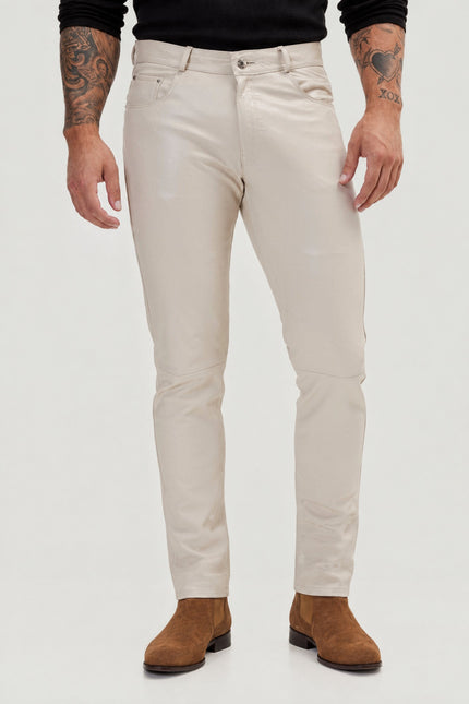 Genuine Lambskin Leather Pants - Beige | Ron Tomson