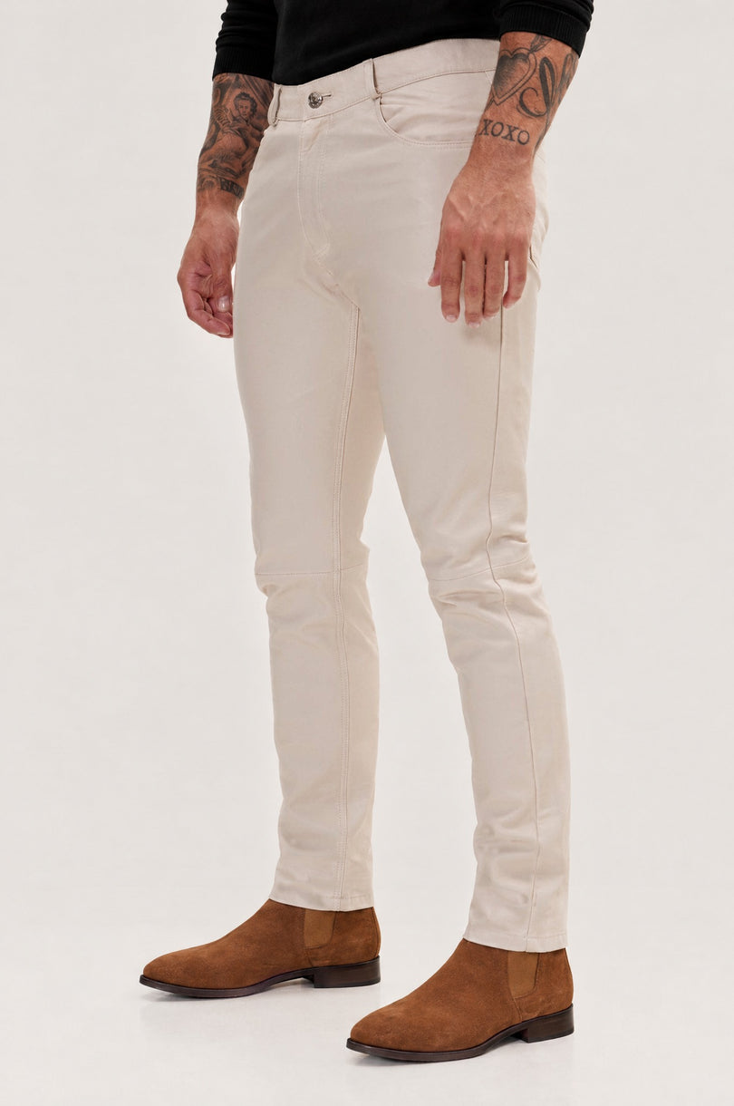 Genuine Lambskin Leather Pants - Beige | Ron Tomson
