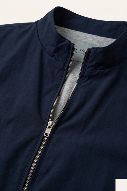 Navy Harrington Bomber Jacket - Fabric and Zip Detail