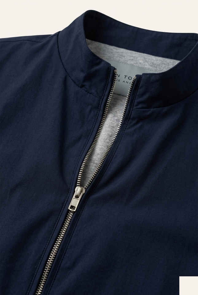 Navy Harrington Bomber Jacket - Fabric and Zip Detail