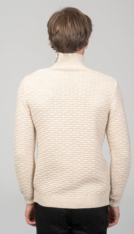 Neck Zipper Honeycomb Sweater - Beige - Ron Tomson