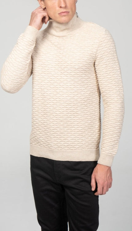 Neck Zipper Honeycomb Sweater - Beige - Ron Tomson