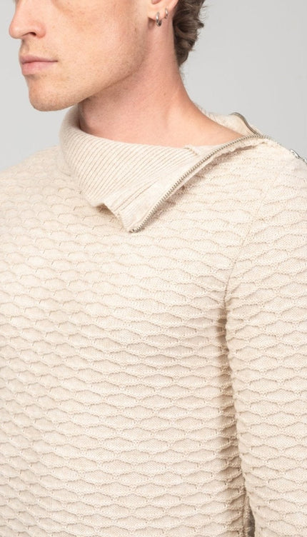 Neck Zipper Honeycomb Sweater - Beige - Ron Tomson