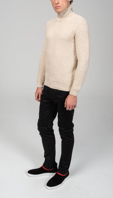 Neck Zipper Honeycomb Sweater - Beige - Ron Tomson