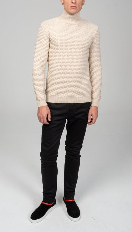 Neck Zipper Honeycomb Sweater - Beige - Ron Tomson