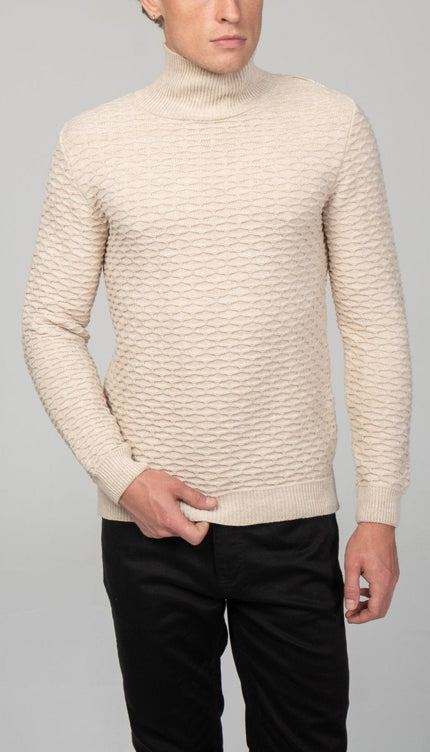 Neck Zipper Honeycomb Sweater - Beige - Ron Tomson