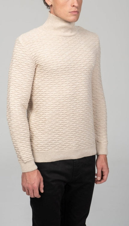 Neck Zipper Honeycomb Sweater - Beige - Ron Tomson