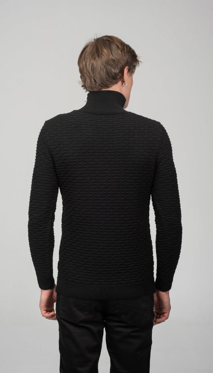 Neck Zipper Honeycomb Sweater - Black - Ron Tomson