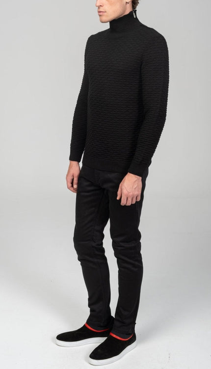 Neck Zipper Honeycomb Sweater - Black - Ron Tomson