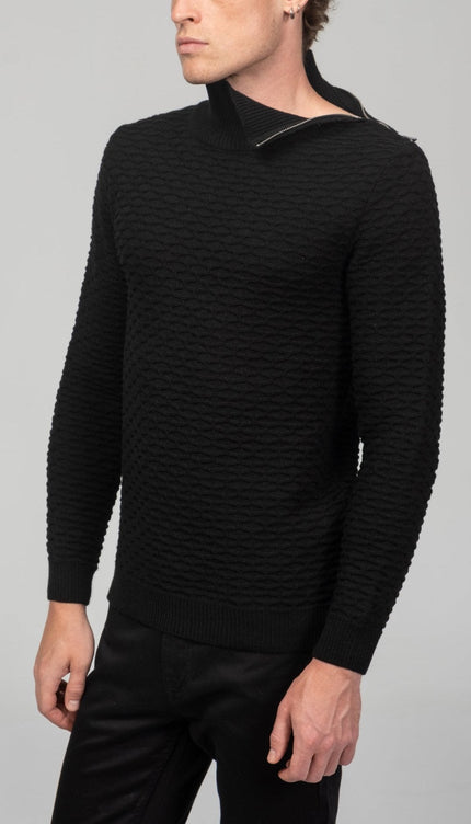 Neck Zipper Honeycomb Sweater - Black - Ron Tomson