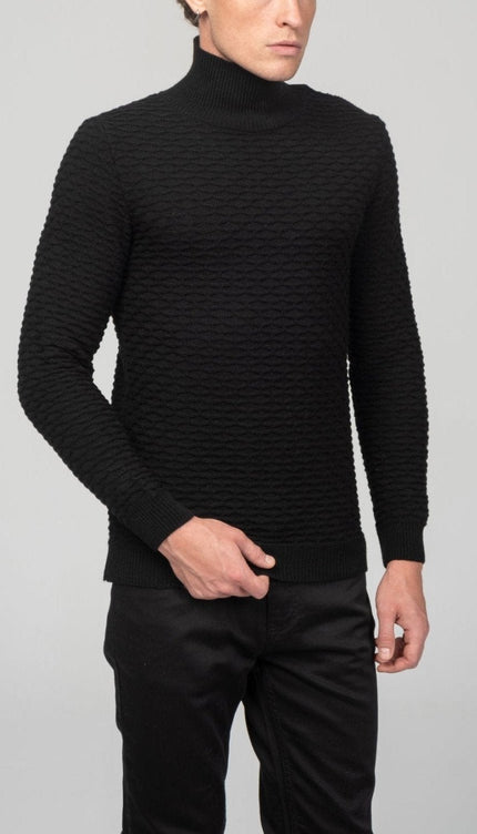 Neck Zipper Honeycomb Sweater - Black - Ron Tomson