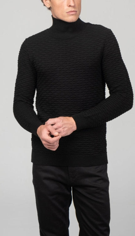 Neck Zipper Honeycomb Sweater - Black - Ron Tomson