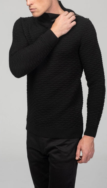 Neck Zipper Honeycomb Sweater - Black - Ron Tomson