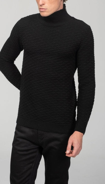 Neck Zipper Honeycomb Sweater - Black - Ron Tomson