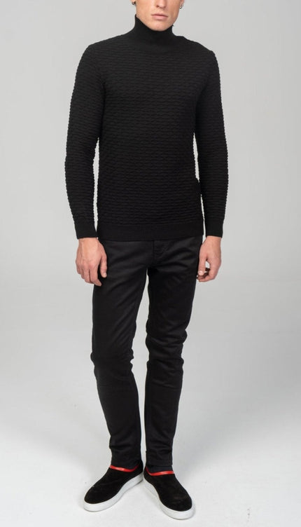 Neck Zipper Honeycomb Sweater - Black - Ron Tomson