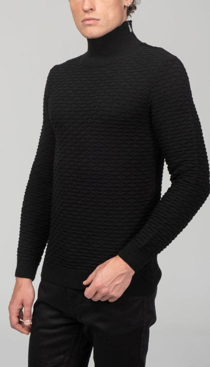 Neck Zipper Honeycomb Sweater - Black - Ron Tomson