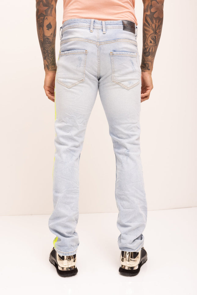 Neon Yellow Splattered Stripe Cotton Jeans - Indigo - Ron Tomson